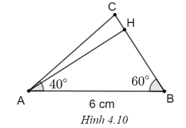 Cho tam giác ABC có \(\widehat A = 40^\circ ,\) \(\widehat B = 60^\circ ,\) AB = 6 cm. Hãy tính (làm tròn đến hàng đơn vị): a) Chiều cao AH và cạnh AC; b) Độ dài BH và CH. (ảnh 1)