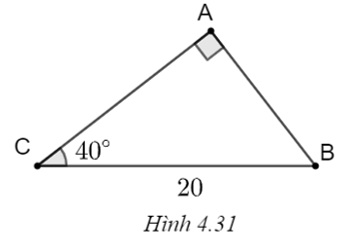 Giải tam giác ABC vuông tại A, biết a) BC = 20, \(\widehat C = 40^\circ ;\) b) AC = 82, \(\widehat B = 55^\circ ;\) c) BC = 32, AC = 20. (Kết quả về cạnh làm tròn đến chữ số thập phân thứ nhất, kết quả về góc làm tròn đến độ). (ảnh 1)