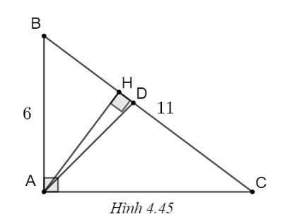 Cho tam giác ABC vuông tại A, biết AB = 6 cm, BC = 11 cm. a) Giải tam giác vuông ABC. b) Tính độ dài đường cao AH, đường phân giác AD. (Kết quả về cạnh làm tròn đến chữ số thập phân thứ nhất, kết quả về góc làm tròn đến độ). (ảnh 1)