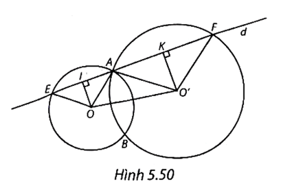 Cho hai đường tròn (O) và (O') cắt nhau tại A và B. Một đường thẳng d đi qua A cắt (O) tại E và cắt (O') tại F (E và F khác A). Biết điểm A nằm trong đoạn EF. Gọi I và K lần lượt là trung điểm của AE và AF (H.5.49).   a) Chứng minh rằng tứ giác OO'KI là một hình thang vuông. b) Chứng minh rằng \(IK = \frac{1}{2}EF.\) C) Khi d ở vị trí nào (d vẫn qua A) thì OO'KI là một hình chữ nhật? (ảnh 2)