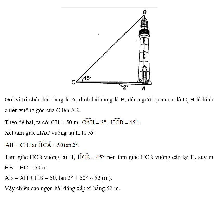 Một người đứng cách chân ngọn hải đăng 50 m, nhìn xuống chân hải đăng dưới góc 2° và nhìn (ảnh 2)