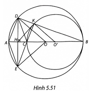 Cho đường tròn (O), đường kính AB, điểm C nằm giữa A và O. Vẽ đường tròn (O') có đường kính CB. a) Xác định vị trí tương đối của hai đường tròn (O) và (O'). b) Kẻ dây DE của đường tròn (O) vuông góc với AC tại trung điểm H của AC. Tứ giác ADCE là hình gì? Vì sao? c) Gọi K là giao điểm của DB và đường tròn (O'). Chứng minh ba điểm E, C, K thẳng hàng. d) Chứng minh HK là tiếp tuyến của đường tròn (O'). (ảnh 1)