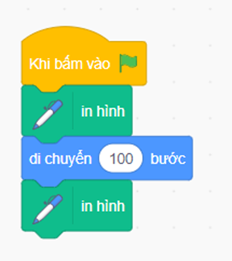 Hưng muốn lập trình để khi nháy chuột vào , chương trình sẽ in 2 hình ảnh nhân vật cách nhau một đoạn có độ dài 100 bước. Nhưng chương trình của Hưng không thực hiện đúng yêu cầu. Em hãy chỉ cho Hưng những lệnh bị sai thứ tự và cách sửa. (ảnh 3)