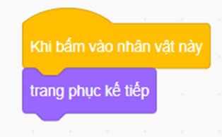 Em hãy tạo chương trình thiết kế thời trang thực hiện:  a) Có các nhân vật như Harper, váy (Dress), giày (Shoes), mũ (Hat 1) như hình sau:  b) Sắp xếp các nhân vật để thể hiện Harper đang đội mũ, mặc váy, đi giày như hình bên:     c) Lập trình để khi nháy chuột vào mũ (váy, giày) thì sẽ đổi sang mũ (váy, giày) khác. (ảnh 4)