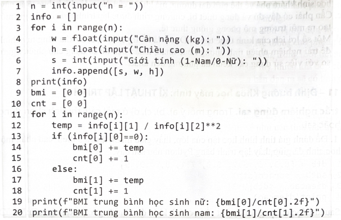 b. Hai biến bmi và cnt trên dòng 9 và 10 được khởi tạo là hai danh sách.  (ảnh 1)