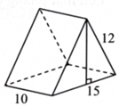 Hình bên là hình biểu diễn của khối vật thể có dạng lăng trụ đứng với chiều cao là 10, đáy là tam giác cân có cạnh đáy là 15 và cạnh bên là 12. Thể tích của khối vật thể đó là bao nhiêu (làm tròn kết quả đến hàng đơn vị)? (ảnh 1)