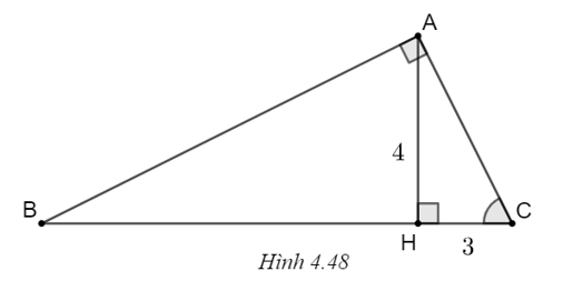 Cho tam giác ABC vuông ở A, kẻ đường cao AH. Biết AH = 4, CH = 3 (H.4.48).   a) Giải tam giác ABC (Góc làm tròn đến độ, cạnh làm tròn đến chữ số thập phân thứ nhất). b) Giải tam giác ABH (Góc làm tròn đến độ, cạnh làm tròn đến chữ số thập phân thứ nhất). c) Tính giá trị biểu thức \(M = \frac{{\sin B + 3\cos B}}{{\cos B}}.\) (ảnh 1)