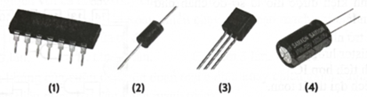 Trong những linh kiện điện tử được đánh số thứ tự (1), (2), (3), (4) như hình bên dưới, mạch tích hợp IC là linh kiện ở hình số   	A. (1).	B. (2).	C. (3).	D. (4). (ảnh 1)