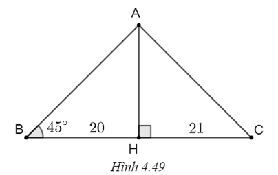 Cho tam giác ABC có \(\widehat {ABC} = 45^\circ .\) Kẻ đường cao AH (H ∈ BC). Biết BH = 20, CH = 21 (H.4.49).   a) Tính AB, AC. b) Tính góc C và góc A. (ảnh 1)