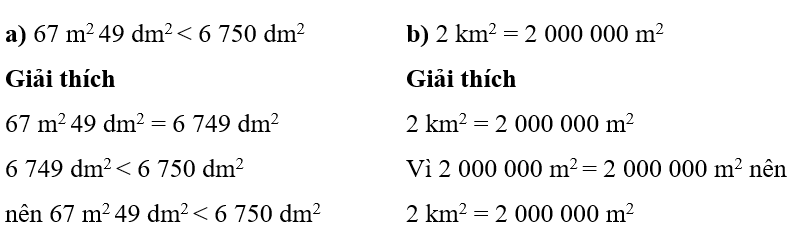 Điền dấu thích hợp (>, <, =) vào chố chấm:    a) 67 m2 49 dm2 …. 6 750 dm2	b) 2 km2 …. 2 000 000 m2 (ảnh 1)