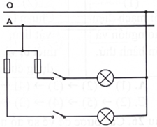 Sơ đồ mạch điện trong hình bên thể hiện có   A. 2 cầu dao, 2 aptomat, 2 bóng đèn.  B. 2 cầu chì, 2 công tắc, 2 bóng đèn.  C. 2 aptomat, 2 ổ cắm, 2 bóng đèn.  D. 2 aptomat, 2 công tắc, 2 bóng đèn. (ảnh 1)