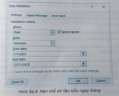 Hình 9a.4 là thông tin xác thực dữ liệu đối với cột Ngày trong bảng tính lưu thông tin chi tiêu của gia đình. Khi đó, dữ liệu nhập vào các ô của cột Ngày cần thỏa mãn điều kiện gì? (ảnh 1)