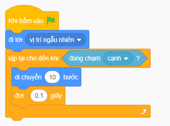 Huyền tạo chương trình để nhân vật di chuyển từ một vị trí ngẫu nhiên tới khi chạm cạnh của vùng Sân khấu thì dừng lại như hình bên. Tuy nhiên, Huyền quên chưa chọn điều kiện dừng lặp. Em hãy giúp Huyền chọn điều kiện dừng lặp phù hợp. (ảnh 2)