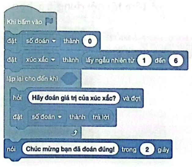 Vinh muốn tạo chương trình như hình bên để người dùng đoán giá trị của xúc xắc (từ 1 tới 6). Người dùng được đoán nhiều lần, tới khi đoán đúng sẽ hiển thị lời chúc. Tuy nhiên, chương trình đang bị thiếu điều kiện lặp.  Em hãy giúp Vinh xác định điều kiện lặp.    (ảnh 1)