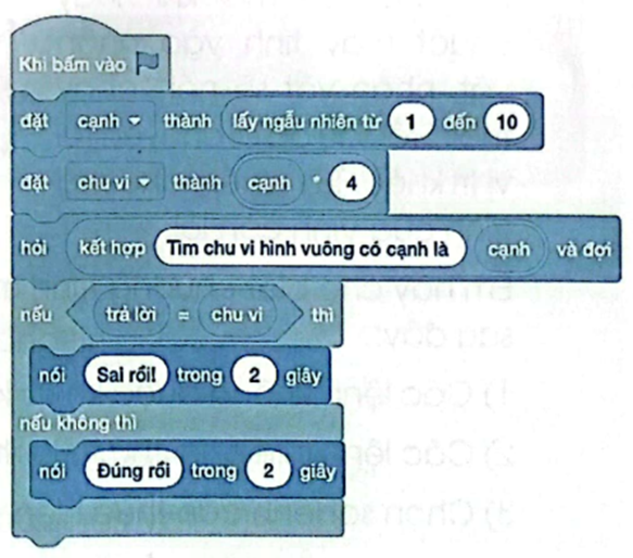 Vinh tạo chương trình như hình bên để yêu cầu người dùng tính chu vi hình vuông khi biết độ dài cạnh. Nếu người dùng nhập kết quả đúng thì hiển thị thông báo 