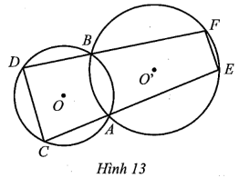 Ở Hình 13, hai đường tròn (O), (O’) giao nhau tại A, B và CD là một dây cung của (O). Tia CA cắt ( O’) (ảnh 1)