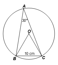 Cho tam giác ABC có BC = 10 và ^BAC= 30 độ. Tính bán kính đường tròn ngoại tiếp tam giác ABC. (ảnh 1)