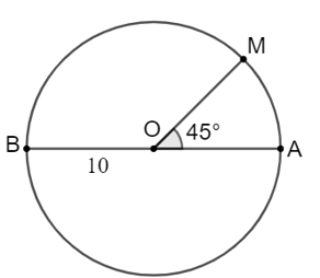 Chọn phương án đúng. Cho đường tròn (O; 10 cm), đường kính AB. Điểm M ∈ (O) sao cho \(\widehat {MAO} = 45^\circ .\) Diện tích của hình quạt tròn AOM là A. 25π cm2. B. 5π cm2. C. 50π cm2. D. \(\frac{{25\pi }}{2}\) cm2. (ảnh 1)