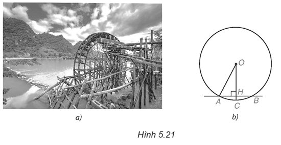 Có thể xem guồng nước (còn gọi là cọn nước) là một công cụ hay cỗ máy có dạng hình tròn, quay được nhờ sức nước chảy (H.5.21a). Guồng nước thường thấy ở các vùng miền núi. Nhiều guồng nước được làm bằng tre, dùng để đưa nước lên ruộng cao, giã gạo hoặc làm một số việc khác. Giả sử ngấn nước ngăn cách giữa phần trên và phần dưới nước của một guồng nước được biểu thị bởi cung ứng với một dây dài 4 m và điểm ngập sâu nhất là 0,5 m (trên Hình 5.21b, điểm ngập sâu nhất là điểm C, ta có AB = 4 m và HC = 0,5 m). Dựa vào đó, em hãy tính bán kính của guồng nước.   (ảnh 1)