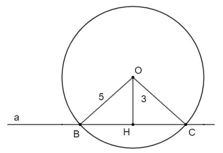 Chọn phương án đúng. Cho đường thẳng a và một điểm O cách a là 3 cm. Vẽ đường tròn (O; 5 cm). Gọi B, C là các giao điểm của đường thẳng a và (O). (ảnh 1)