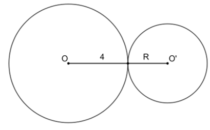 Chọn phương án đúng. Cho hai đường tròn (O; 4 cm) và (O'; R cm) tiếp xúc ngoài nhau biết OO' = 10 cm. Khi đó: A. R = 4 cm. B. R = 14 cm. C. R = 10 cm. D. R = 6 cm. (ảnh 1)