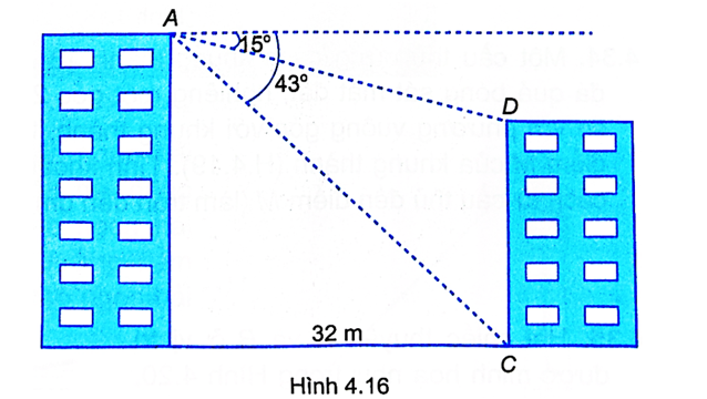 Cho hai toà nhà cách nhau 32 m. Tại điểm A trên nóc toà nhà cao nhìn xuống nóc D (ảnh 1)