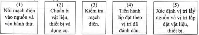 Sắp xếp các hoạt động sau theo thứ tự phù hợp để tiến hành lắp đặt một mạch điện đơn giản trong gia đình.   	A. (1) → (2) → (3) → (4) → (5). 	B. (1) → (5) → (4) → (2) → (3). 	C. (2) → (5) → (4) → (3) → (1). 	D. (2) → (5) → (4) → (1) → (3). (ảnh 1)