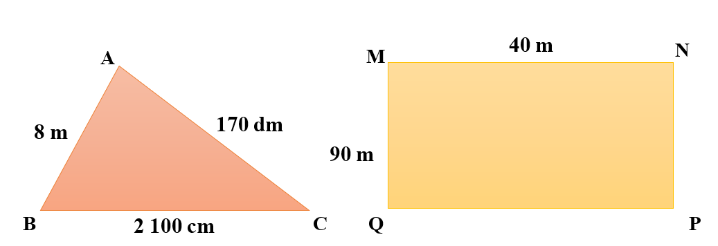 Cho tam giác ABC và hình chữ nhật MNPQ có kích thước như hình vẽ. Hình có chu vi lớn hơn là:  (ảnh 1)