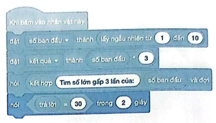 Châu muốn tạo chương trình như hình bên để yêu cầu người dùng tìm số lớn gấp 3 lần của một số có giá trị từ 1 tới 10. Tuy nhiên, chương trình có lúc hiển thị false kể cả khi người dùng nơi nhập vào một số đúng. Em hãy giúp Châu tìm nguyên nhân lỗi và sửa lại. (ảnh 1)