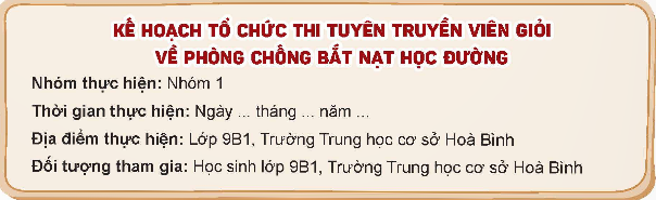 Lựa chọn và lập kế hoạch tổ chức một hoạt động phòng chống bắt nạt học đường.  Gợi ý: (ảnh 1)