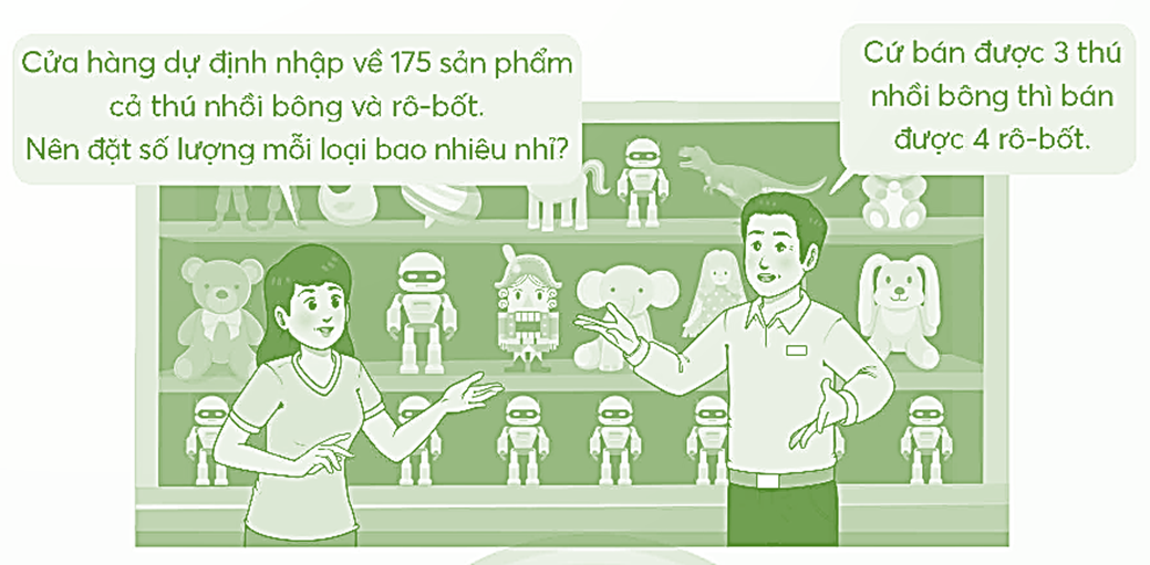 Dựa vào bức tranh dưới đây, em hãy giúp các nhân viên đặt số lượng thú nhồi bông và rô-bốt hợp lí. (ảnh 1)