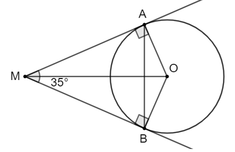 Chọn phương án đúng. Cho đường tròn (O) và điểm M nằm ngoài đường tròn, vẽ hai tiếp tuyến MA và MB của đường tròn (O). Biết rằng \(\widehat {AMB} = 35^\circ .\) Số đo của cung nhỏ AB là A. 145°. B. 215°. C. 125°. D. 235°. (ảnh 1)