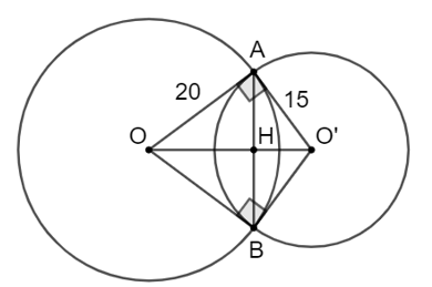 Chọn phương án đúng. Cho hai đường tròn (O) và (O') cắt nhau tại A và B trong đó OA là tiếp tuyến của (O'). Biết rằng OA = 20 cm và O'A = 15 cm, độ dài dây AB là A. 24 cm. B. 12 cm. C. 25 cm. D. 22 cm. (ảnh 1)
