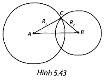 Chọn phương án đúng. Cho hai đường tròn (A; R1), (B; R2), trong đó R2 < R1. Biết rằng hai đường tròn (A) và (B) cắt nhau (H.5.43). Khi đó:   A. AB < R1 – R2. B. R1 – R2 < AB < R1 + R2. C. AB > R1 + R2. D. AB = R1 + R2. (ảnh 1)