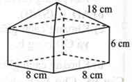 Hình bên là hình biểu diễn của khối vật thể có bốn mặt tam giác cân bằng nhau, bốn mặt hình chữ nhật và đáy là hình vuông. Thể tích của khối vật thể đó  (ảnh 1)