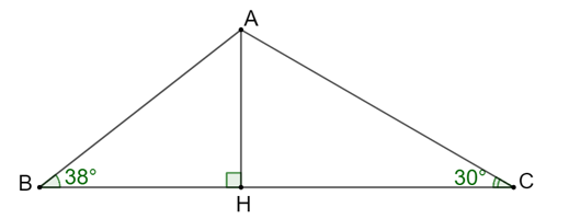 Cho tam giác ABC có BC = 11 cm,góc ABC = 38 độ , góc ACB = 30 độ . Gọi H là chân (ảnh 1)