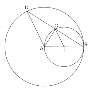 Cho I là trung điểm của đoạn AB. Xét các đường tròn (I; IB) và (A; AB). (ảnh 1)