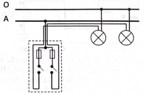 Sơ đồ mạch điện trong hình bên dưới thể hiện   A. sơ đồ nguyên lí với 2 cầu dao, 2 aptomat, 2 bóng đèn.  B. sơ đồ lắp đặt với 2 cầu chì, 2 công tắc, 2 bóng đèn.  C. sơ đồ nguyên lí với 2 aptomat, 2 ổ cắm, 2 bóng đèn.  D. sơ đồ lắp đặt với 2 aptomat, 2 công tắc, 2 bóng đèn. (ảnh 1)