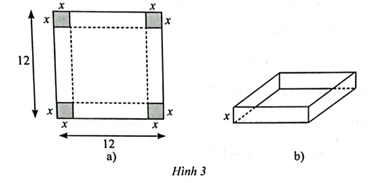 Từ một miếng bìa hình vuông có cạnh bằng 12 cm, người ta cắt bỏ đi bốn hình vuông nhỏ có cạnh bằng x (cm) ở bốn góc (Hình 3a) và gấp lại thành một hình hộp không nắp (Hình 3b). Tìm x để thể tích của hình hộp là lớn nhất. (ảnh 1)