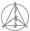 Cho tam giác ABC cân tại A nội tiếp trong đường tròn tâm O, bán kính 1 cm. Đặt \A) = α (0 < α < π). a) Viết biểu thức tính diện tích S của tam giác ABC theo α. b) Tìm diện tích lớn nhất của tam giác ABC. (ảnh 1)