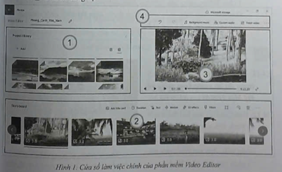 Trong cửa sổ làm việc chỉnh của phần mềm Video Editor (Hình 1), vị trí nào thể hiện thứ tự các cảnh sẽ xuất hiện trong video? (ảnh 1)