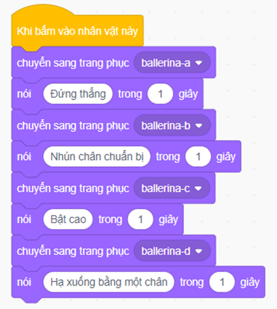 Em hãy tạo chương trình Hướng dẫn múa có nhân vật vũ công Ballerina. Nhân vật sẽ hiển thị lần lượt từng động tác múa, mỗi động tác, vũ công sẽ nói hướng dẫn động tác như hình sau đây: (ảnh 2)