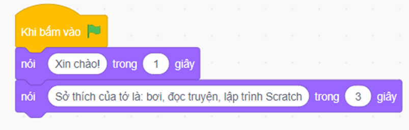 Em hãy tạo chương trình để nhân vật Giga hiển thị bóng nói kể về sở thích của em và có hoạt hình Giga nói chuyện.  Lưu ý: Em hãy xác định số lần lặp phù hợp để thời gian thực hiện hoạt hình phù hợp với khi bóng nói biến mất thì hoạt hình nói chuyện cũng dừng lại. (ảnh 1)