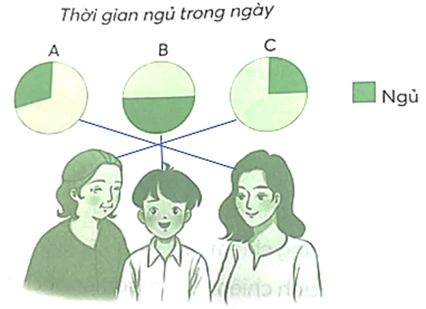 Thời gian ngủ trong một ngày của bà, mẹ và Bi lần lượt là 25%, 30%, 50%. Nối mỗi biểu đồ với người phù hợp. (ảnh 2)