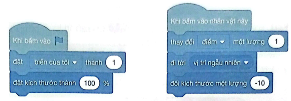 Dũng tạo chương trình Bắt bọ như hình sau. Chương trình có một nhân vật con bọ (Ladybug1). Mỗi khi nháy chuột máy tính vào con bọ thì sẽ được thêm 1 điểm, đồng thời con bọ sẽ giảm kích thước và chuyển sang một vị trí ngẫu nhiên khác.  Tuy nhiên chương trình của Dũng hiển thị số điểm sai, Em hãy giúp Dũng tìm nguyên nhân lỗi và sửa lại chương trình. (ảnh 1)