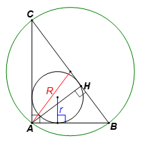 Cho tam giác ABC vuông tại A có đường cao AH = 2,4 cm và AB/AC = 3/4. Tính bán kính đường tròn (ảnh 1)