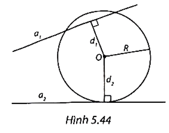 Chọn phương án đúng. Cho đường tròn (O; R) và hai đường thẳng a1 và a2. Gọi d1, d2 lần lượt là khoảng cách từ điểm O đến a1 và a2. Biết rằng (O) cắt a1 và tiếp xúc với a2 (H.5.44). Khi đó:   A. d1 < R và d2 = R. B. d1 = R và d2 < R. C. d1 > R và d2 = R. D. d1 < R và d2 < R. (ảnh 1)