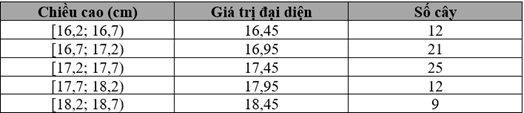 Chiều cao của một số cây giống sau khi nảy mầm được 4 tuần được biểu diễn ở bảng sau:  Tính phương sai và độ lệch chuẩn của mẫu số liệu ghép nhóm trên (kết quả làm tròn đến hàng phần trăm). (ảnh 2)