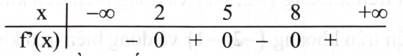 Cho hàm số \({\rm{y}} = {\rm{f}}({\rm{x}})\) có đạo hàm trên \(\mathbb{R}\) và có bảng xét dấu của đạo hàm như sau:   Hàm số đã cho đồng biến trên khoảng 	A. \(( - \infty ;2).\)	B. \((5;8).\)	C. \((3;4).\)	D. \((5; + \infty ).\) (ảnh 1)