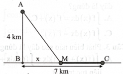 Một ngọn hải đăng đặt tại vị trí A cách bờ biển một khoảng \({\rm{AB}} = 4\;{\rm{km}}.\) Trên bờ biển có một cái kho ở vị trí C cách B một khoảng \({\rm{BC}} = 7\;{\rm{km}}.\) Người canh hải đăng chèo đò từ vị trí A đến vị trí M trên bờ biển với vận tốc \(6\;{\rm{km}}/{\rm{h}}\) rồi đi xe đạp từ M đến C với vận tốc \(10\;{\rm{km}}/{\rm{h}}.\) Người đó nên chèo thuyền trong bao nhiêu ki-lô-mét nếu anh ta muốn đến nơi trong thời gian ngắn nhất? (ảnh 1)